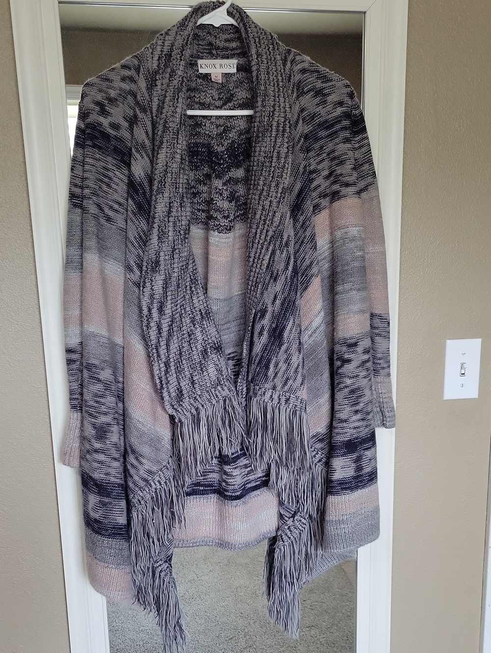 Knox Rose Grey and Blush Fringe Open Drape Cardigan